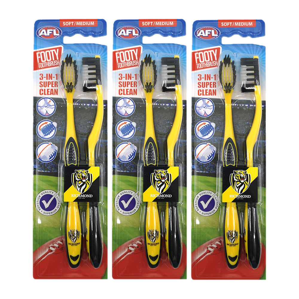 Afl 2pc AFL Soft/Medium Toothbrush Oral Care Richmond Tigers Kids/Adults 6y+ (3 Pack)