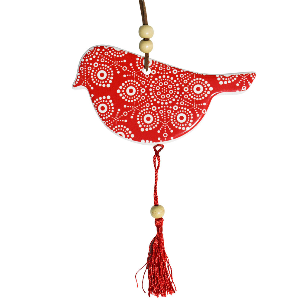 LVD Ceramic Hanging 12cm Bird Indigenous w/ Tassel/Hanger Ornament Home Decor Red — image 2