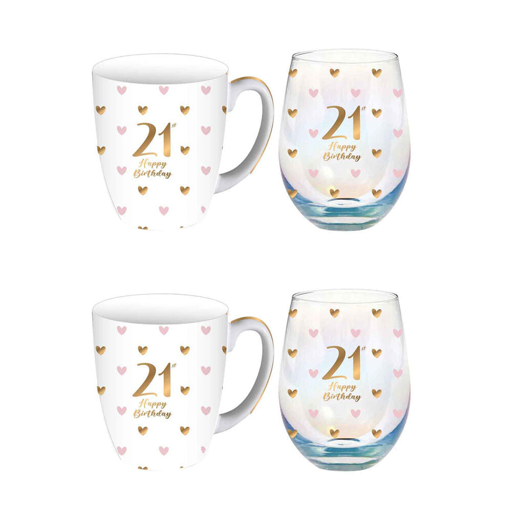 LMD Glass 21st Sweet Heart Mug & Stemless Set Drinkware 400ml/520ml (2 Pack)