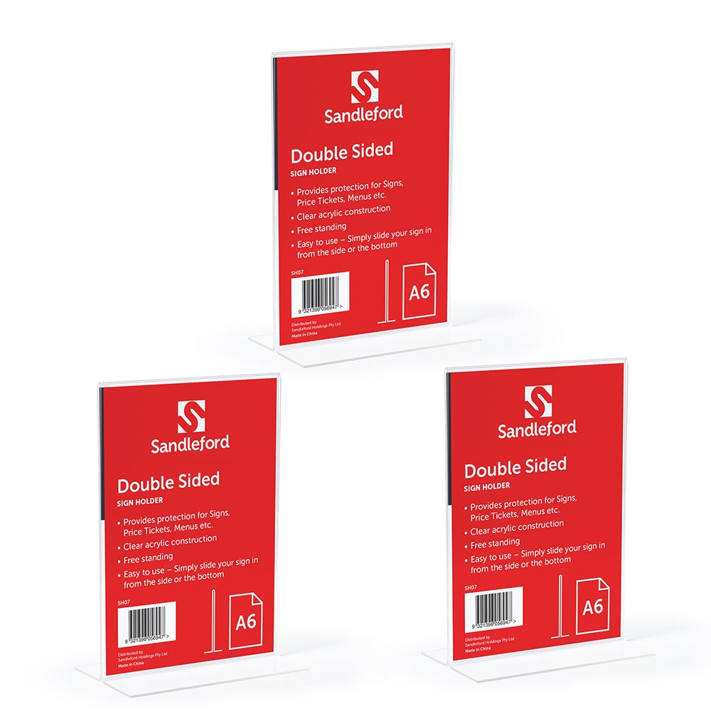 Sandleford 15.2cm Double-Sided A6 T-Shape Portrait Sign Display Stand Holder (3 Pack)
