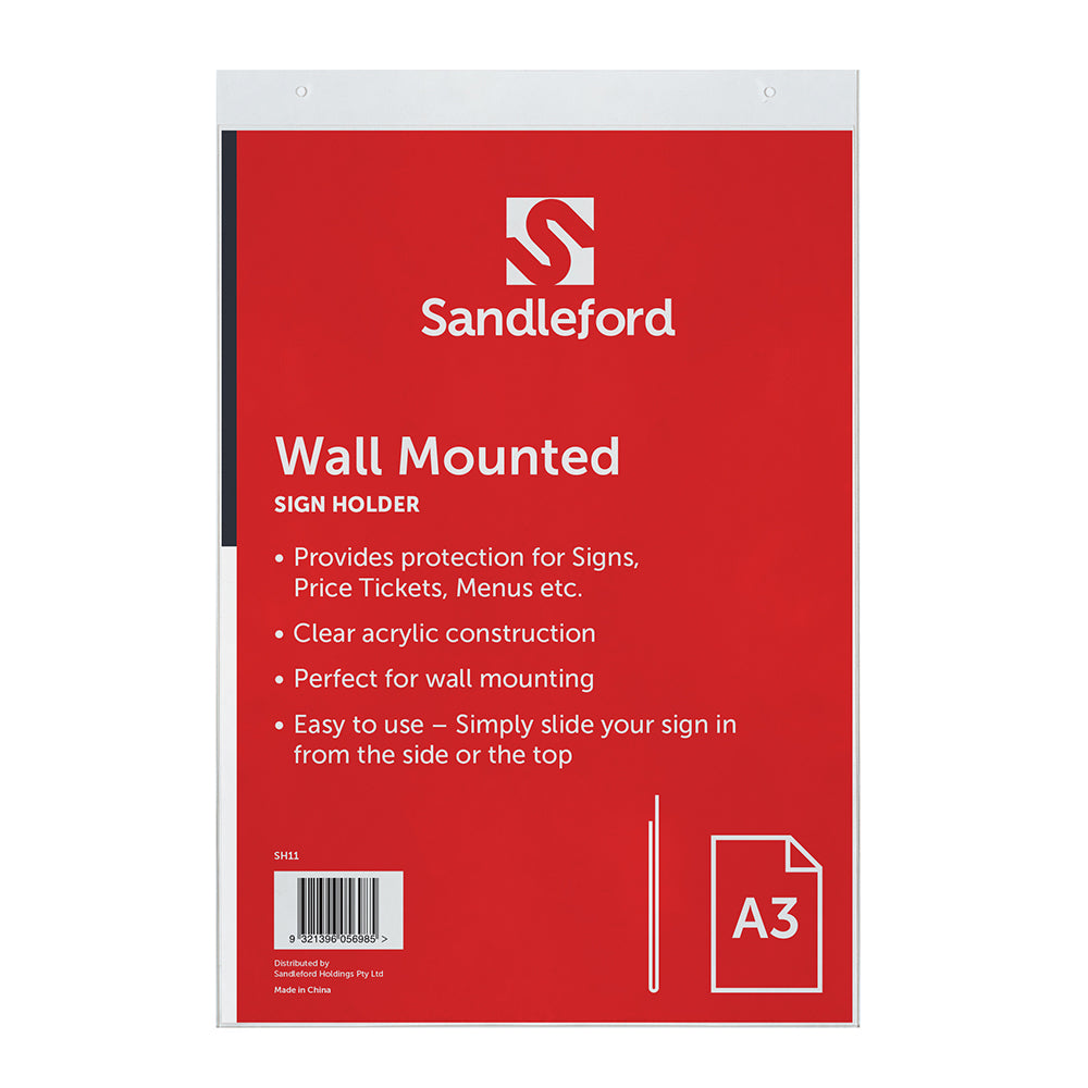 Sandleford A3 Wall Mount Sign/Menu Stand Holder 44.5cm Portrait Display Clear