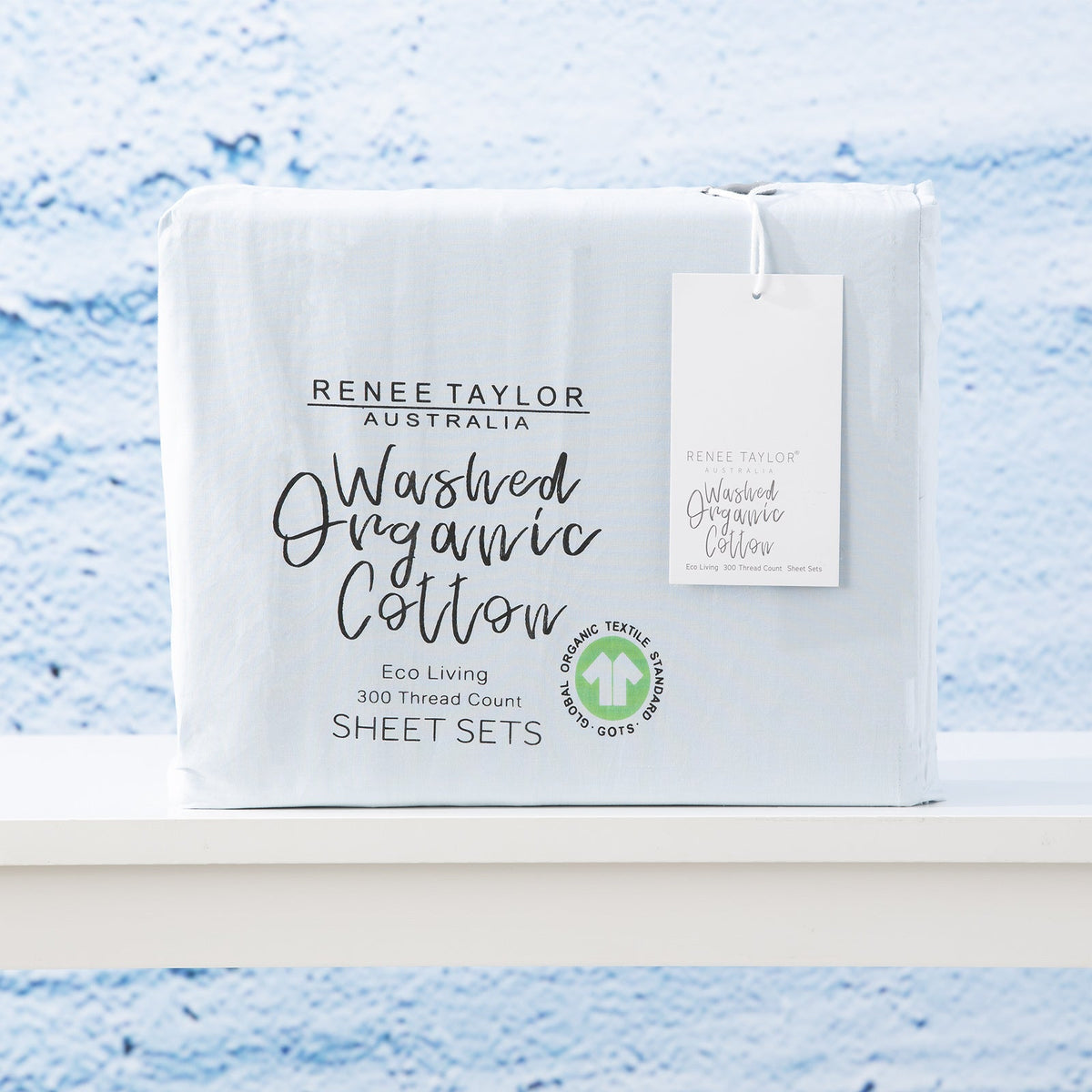 Renee Taylor Mega King Sheet/Pillowcases 300TC Organic Cotton Bedding Baby Blue — image 2