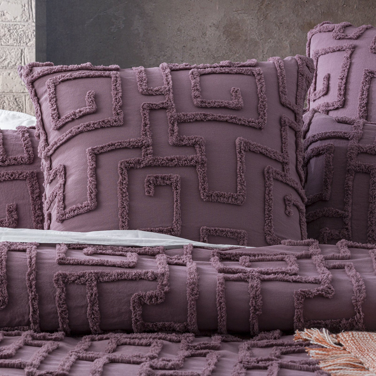 Renee Taylor Riley 65cm Pillowcase VINT Washed Cotton Chenille Tufted Euro Grape — image 3
