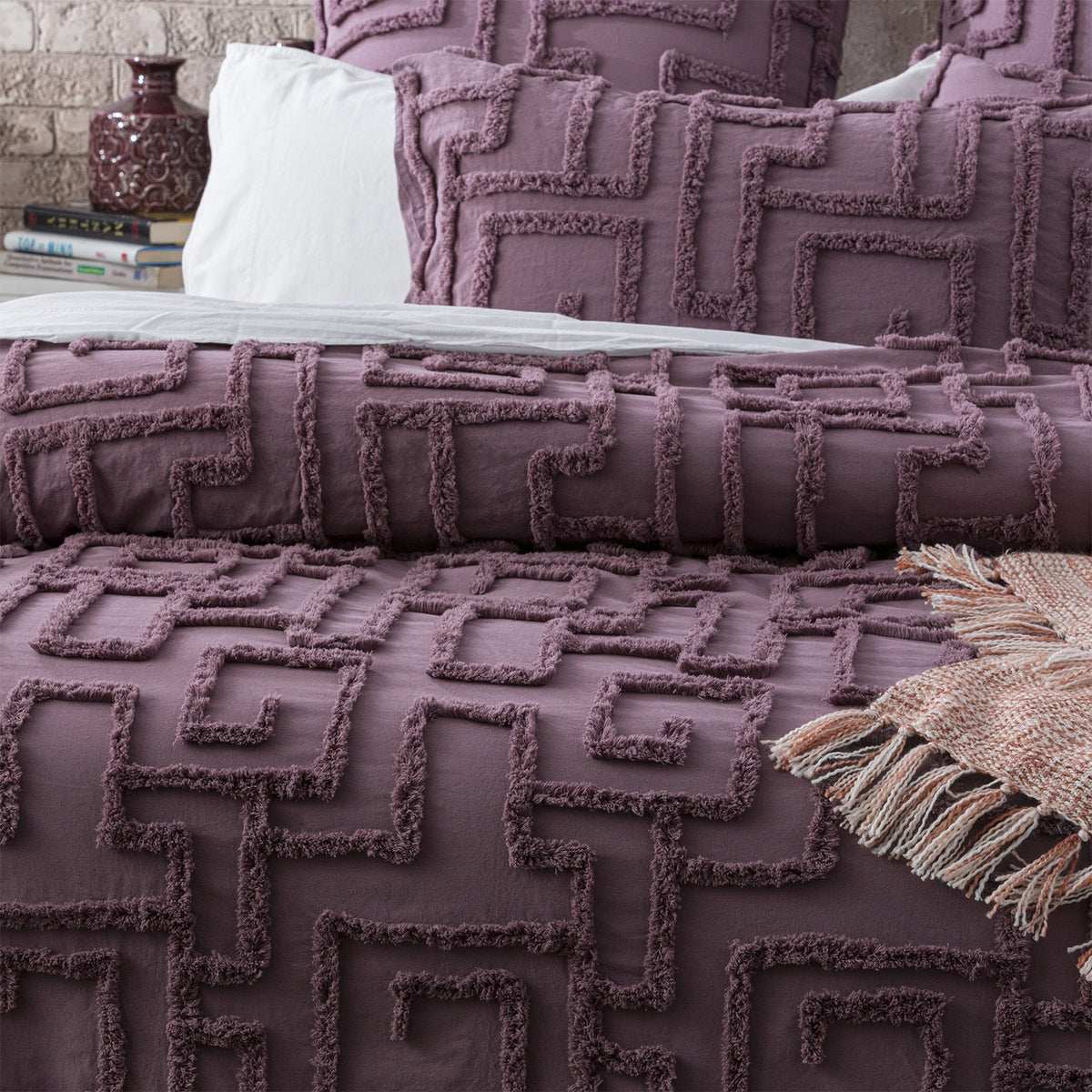 Renee Taylor Riley 65cm Pillowcase VINT Washed Cotton Chenille Tufted Euro Grape — image 2
