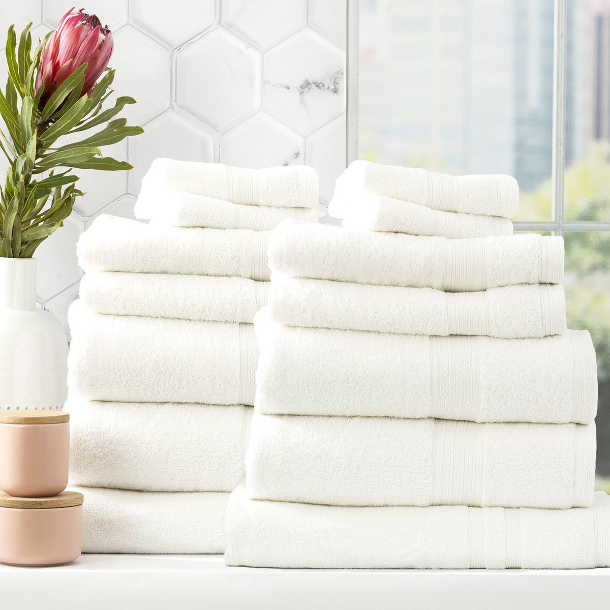 Renee Taylor Stella Bath Towel/Mat Set Soft Bamboo Cotton 650 GSM (14 Pieces) — White