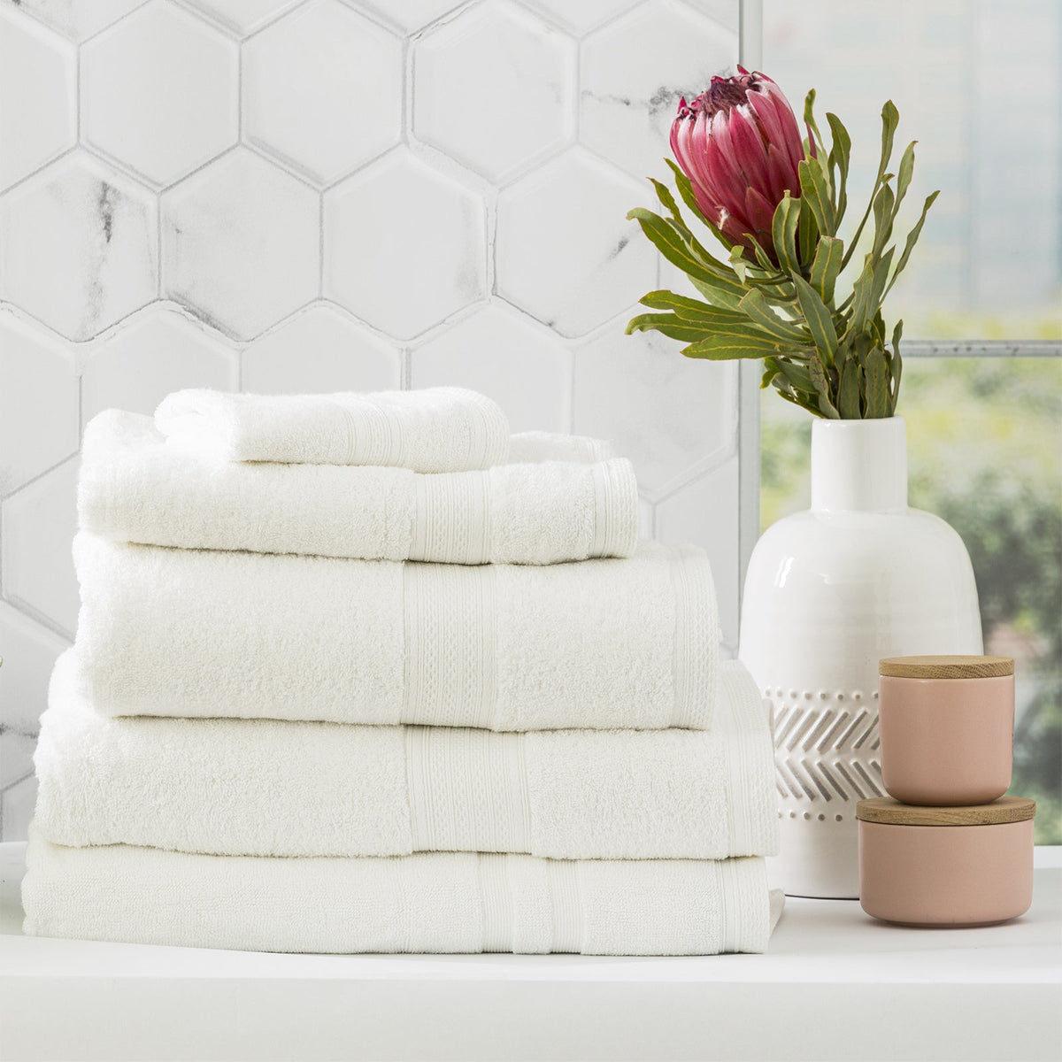 Renee Taylor Stella Bath Towel/Mat Set Soft Bamboo Cotton 650 GSM (5 Pieces) — White