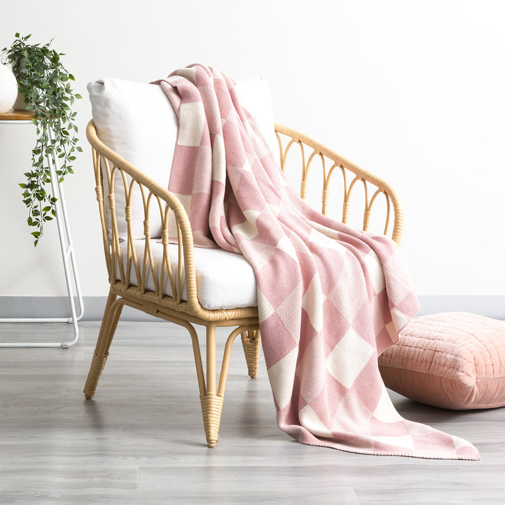 Renee Taylor Newport Checkered Cotton 130x170cm Knitted Throw Blanket — Blush