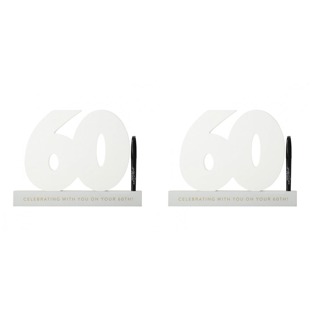Splosh 60th Birthday Wooden Signature Number w/ Marker Keepsake 29x21cm White (2 Pack)