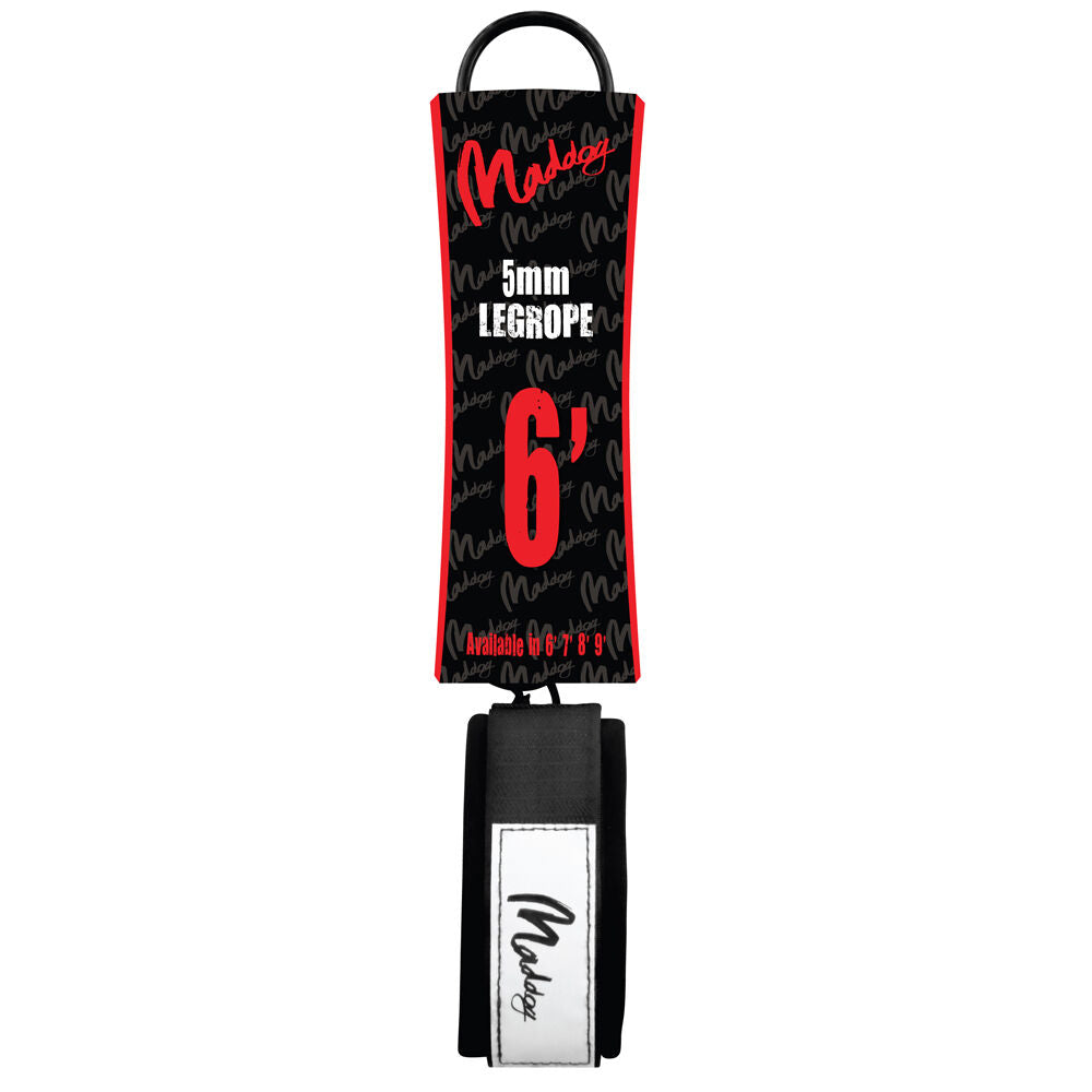 Maddog 6 Foot Black Basic Straight Soft Surfboard Leash w/ Neoprene Ankle Strap