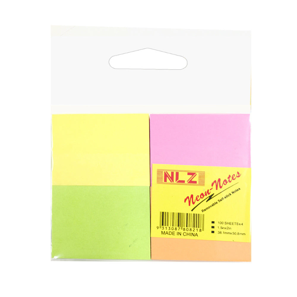 NLZ Neon Multicoloured 100 Sheets Self Stick Notes/Adhesive Removable 3.5 x 5cm (4 Pieces)
