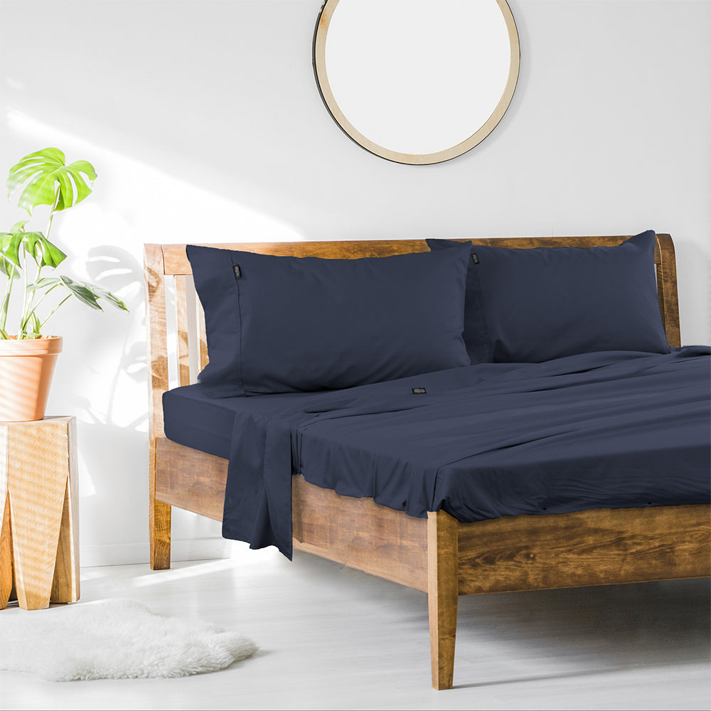 Ardor Queen Bed Fitted Sheet Set Midnight Navy 1000TC Cotton Rich w/Pillowcase