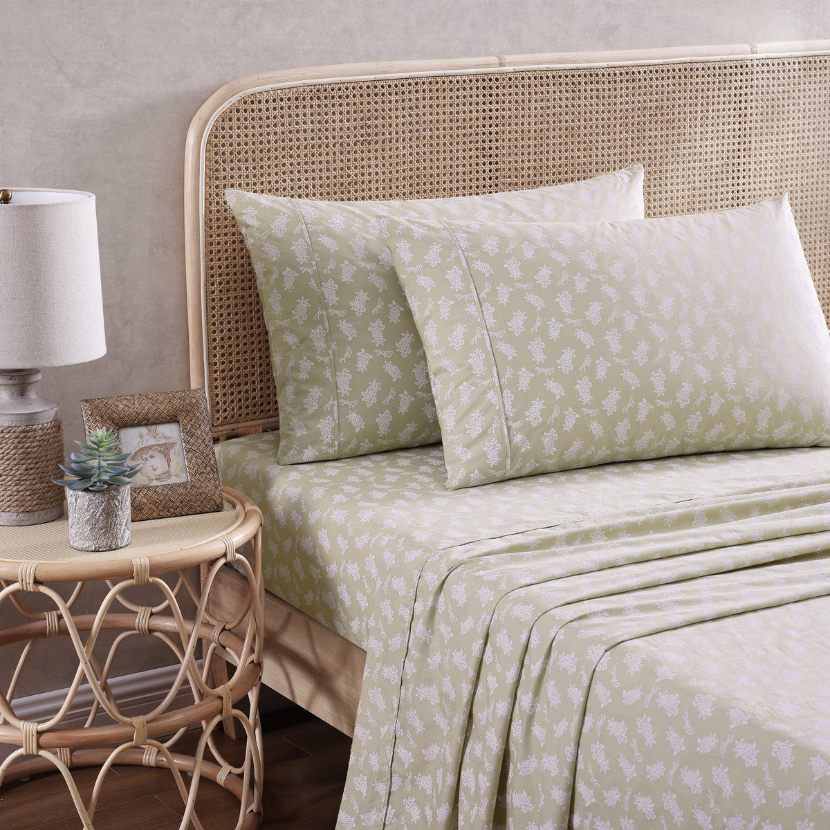 Tommy Bahama Aloha Pineapple Cotton King Size Bed Sheet w/2x Pillowcase Set Sage