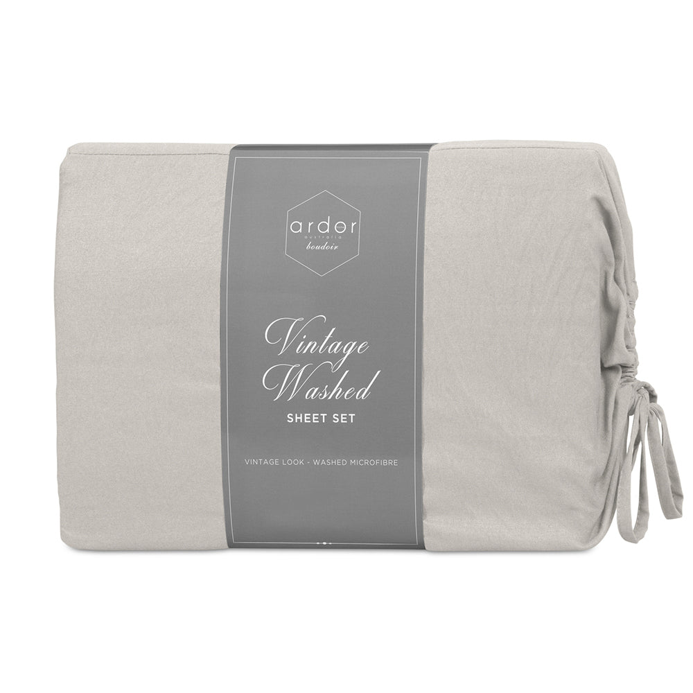 Ardor Boudoir Vintage Washed Queen Bed Fitted Sheet w/ 2x Pillowcases Set Grey — image 2