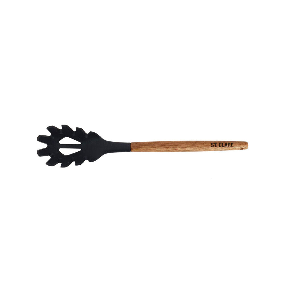 Bialetti Cookware St. Clare Black Silicone Spaghetti Spoon w/ Acacia Handle