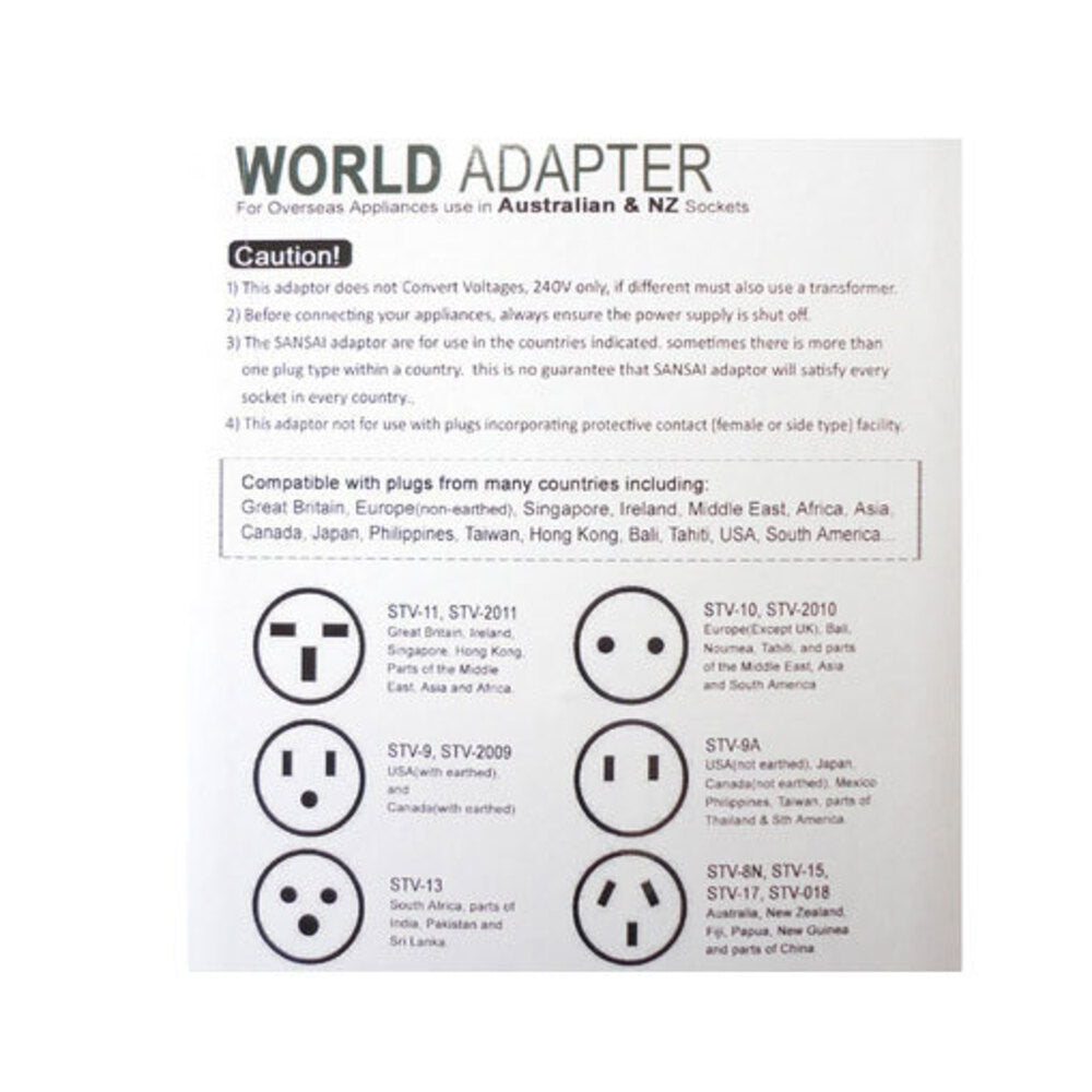 Sansai Universal Travel Power Plug Adapter Outlet UK EU US CA Sockets to AU NZ — image 2