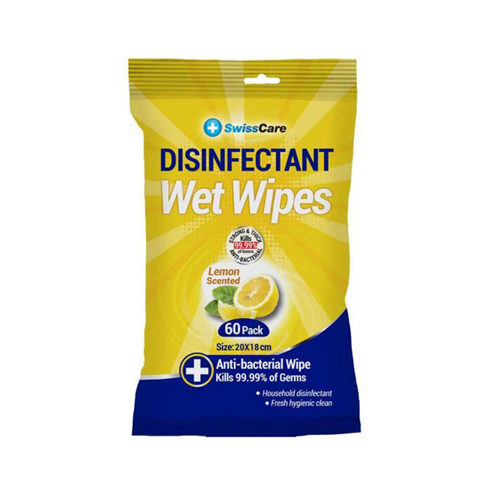 Swisscare Antibacterial Disinfectant Cleaning Wet Wipes Lemon Scented (60 Pieces)