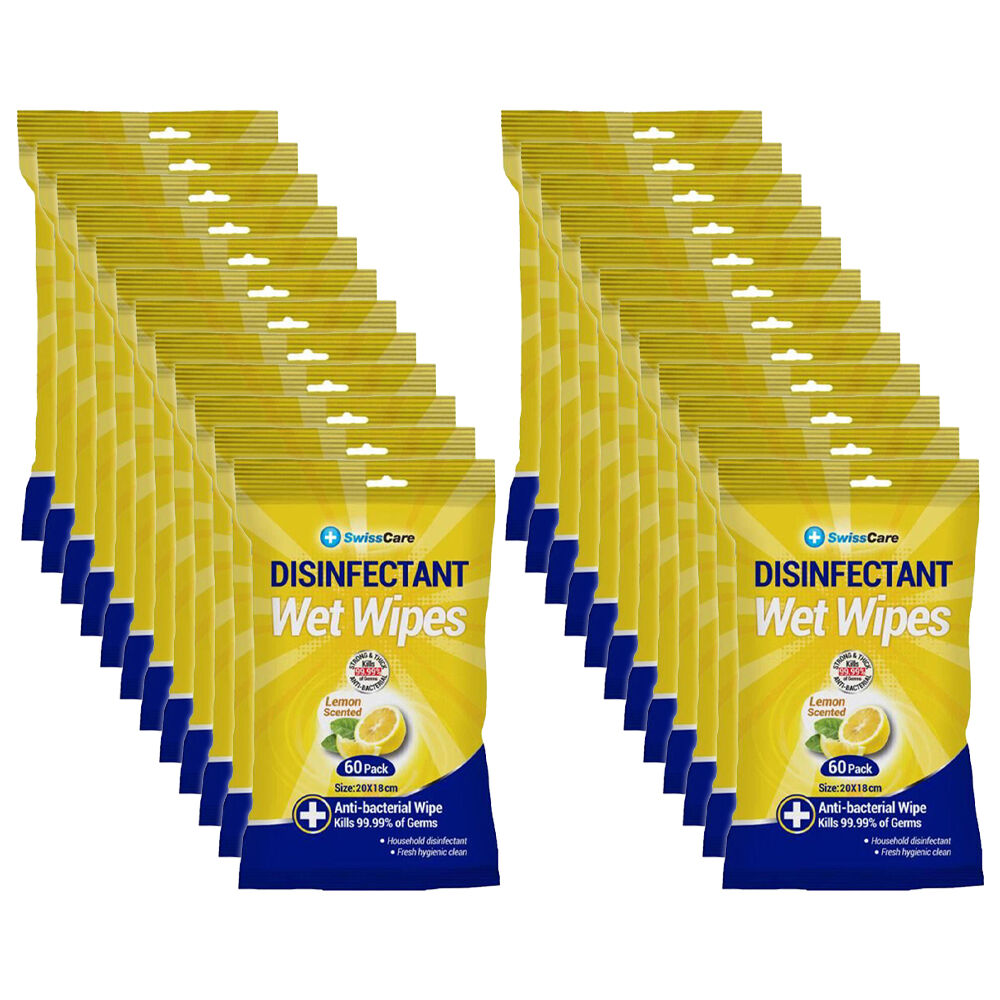 Swisscare 60pc SwissCare Antibacterial Disinfectant Cleaning Wet Wipes Lemon Scented (24 Pack)