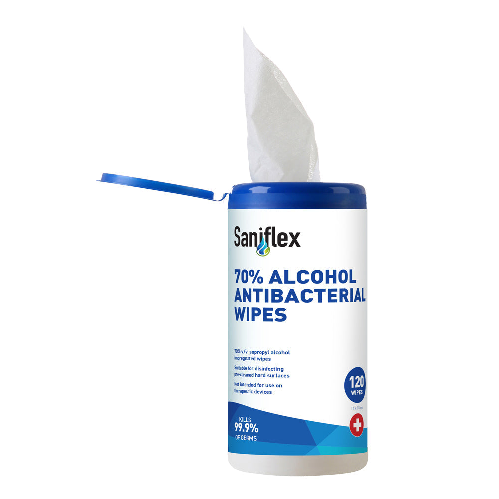 Saniflex 70% Alcohol Antibacterial Surface Wipes Canister Home cleaning (120 Pieces)