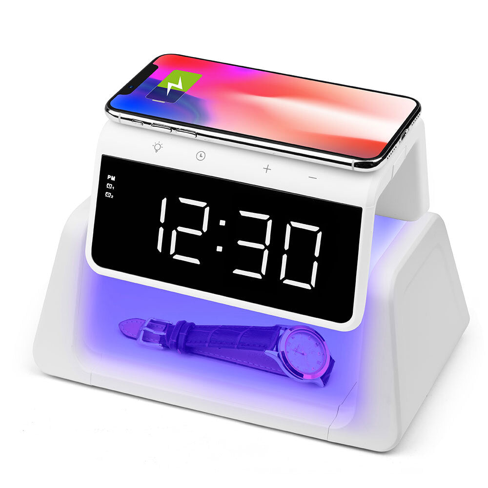 Rewyre Dual Alarm Clock/UV Disinfection Lamp/5V 10W Qi Wireless Charger White
