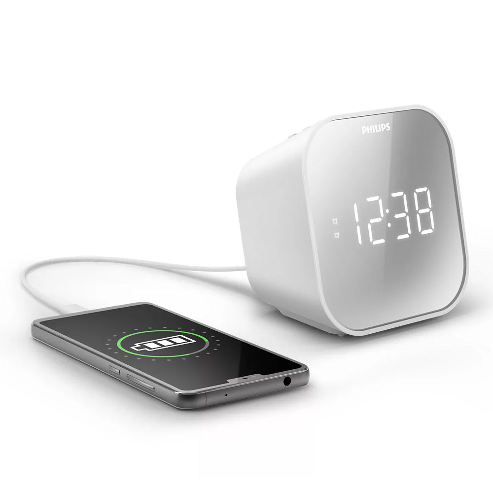 Philips Alarm Clock/FM Radio Dual Timer LED Digital Display w/ USB Charger White — image 4