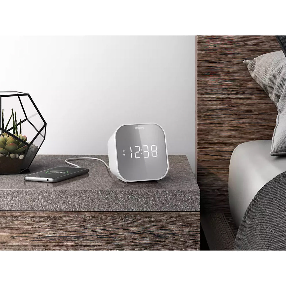 Philips Alarm Clock/FM Radio Dual Timer LED Digital Display w/ USB Charger White — image 5