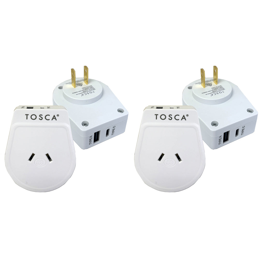 Tosca Japan OB Portable Travel Power Adapter USB A&C Converter Plug White (2 Pack)
