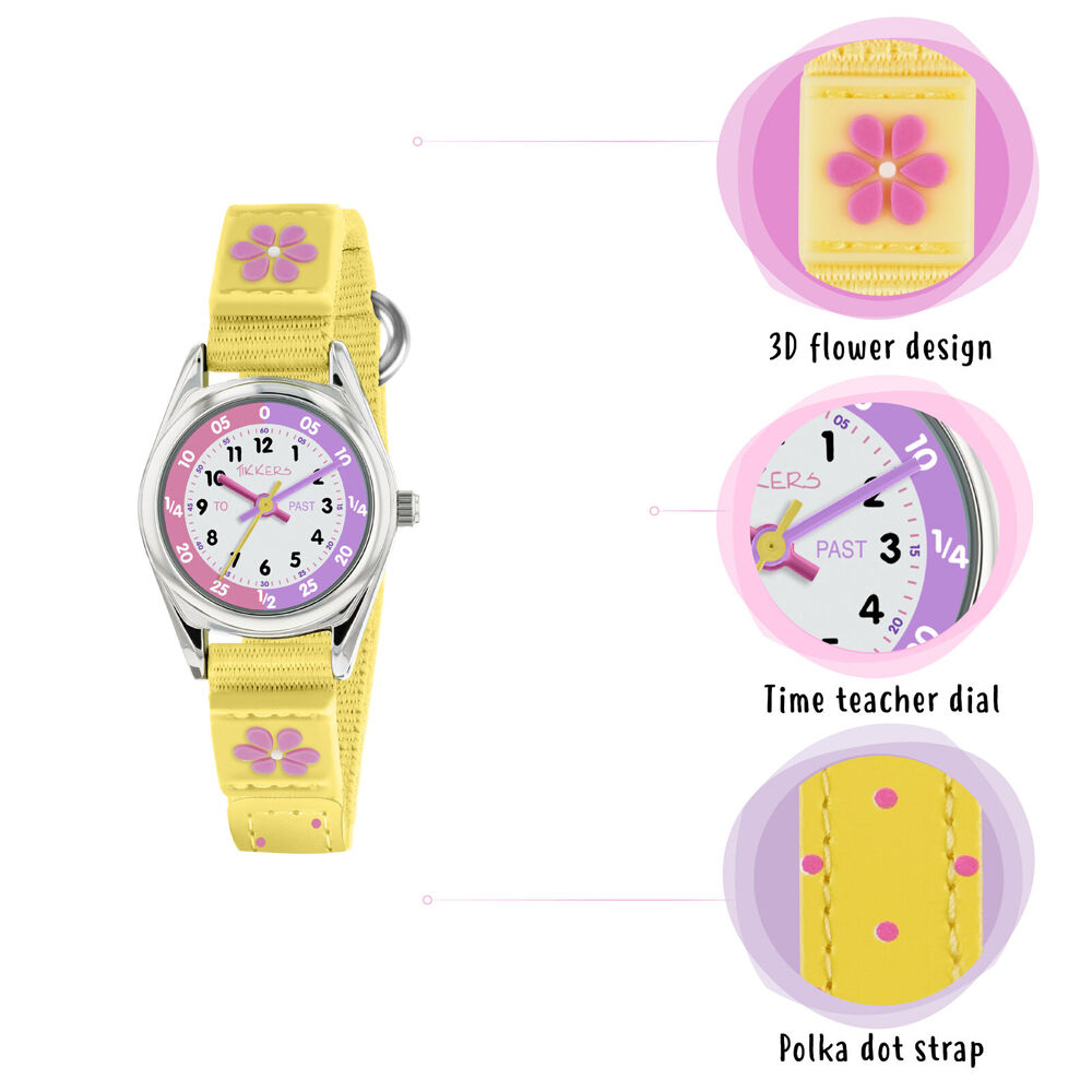 Tikkers Time Teacher Flower Dial Silicone Watch with Canvas Straps - Yellow — image 2