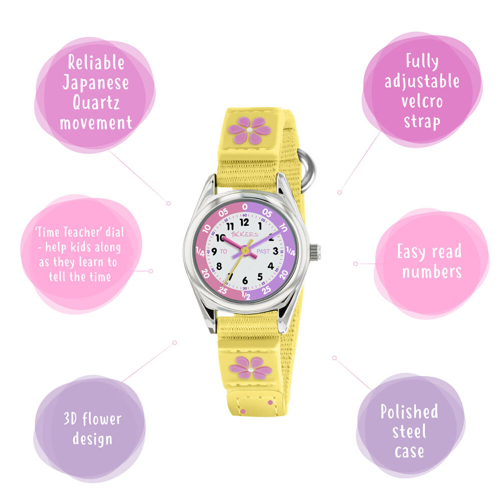 Tikkers Time Teacher Flower Dial Silicone Watch with Canvas Straps - Yellow — image 3