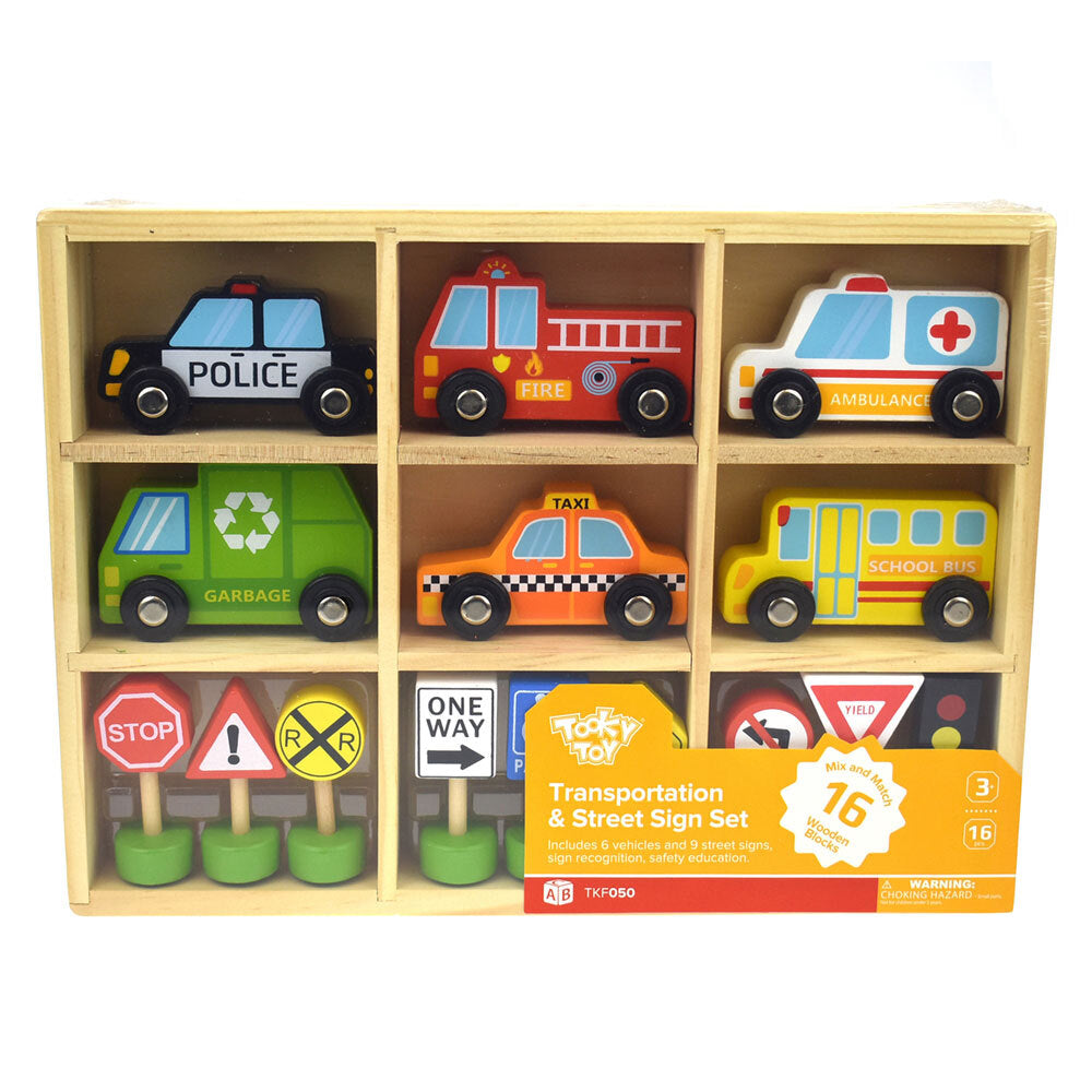 Tooky Toy Wooden Transportation & Street Sign Vehicles 3y+ Kids/Toddler (16 Pieces) — image 3