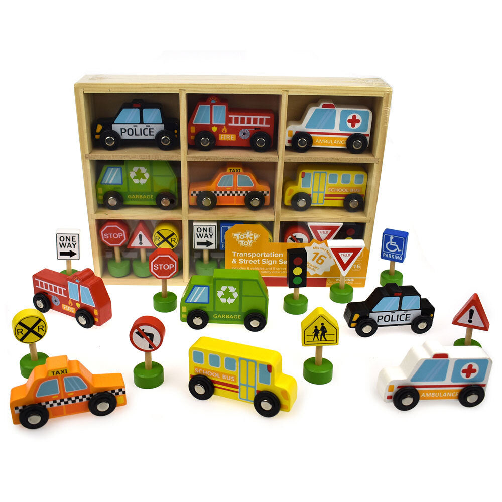 Tooky Toy Wooden Transportation & Street Sign Vehicles 3y+ Kids/Toddler (16 Pieces) — image 2