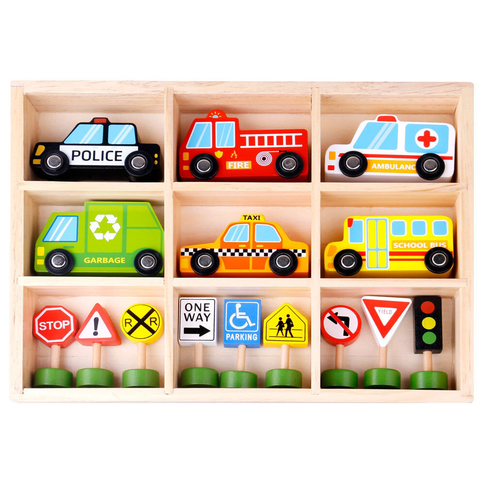 Tooky Toy Wooden Transportation & Street Sign Vehicles 3y+ Kids/Toddler (16 Pieces)