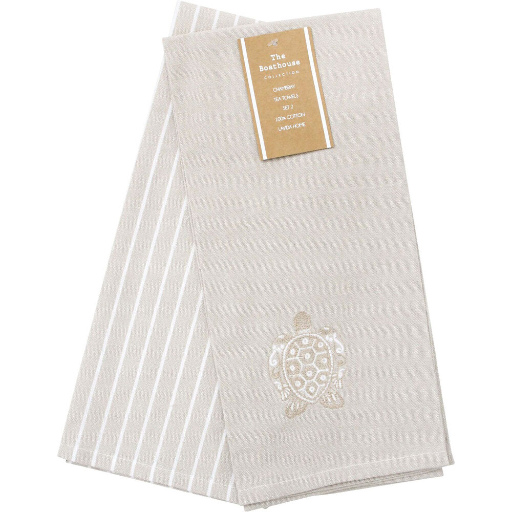 LVD Stonewashed Chambray Cotton Teatowel Turtle Set 45x70cm Natural (2 Pieces)