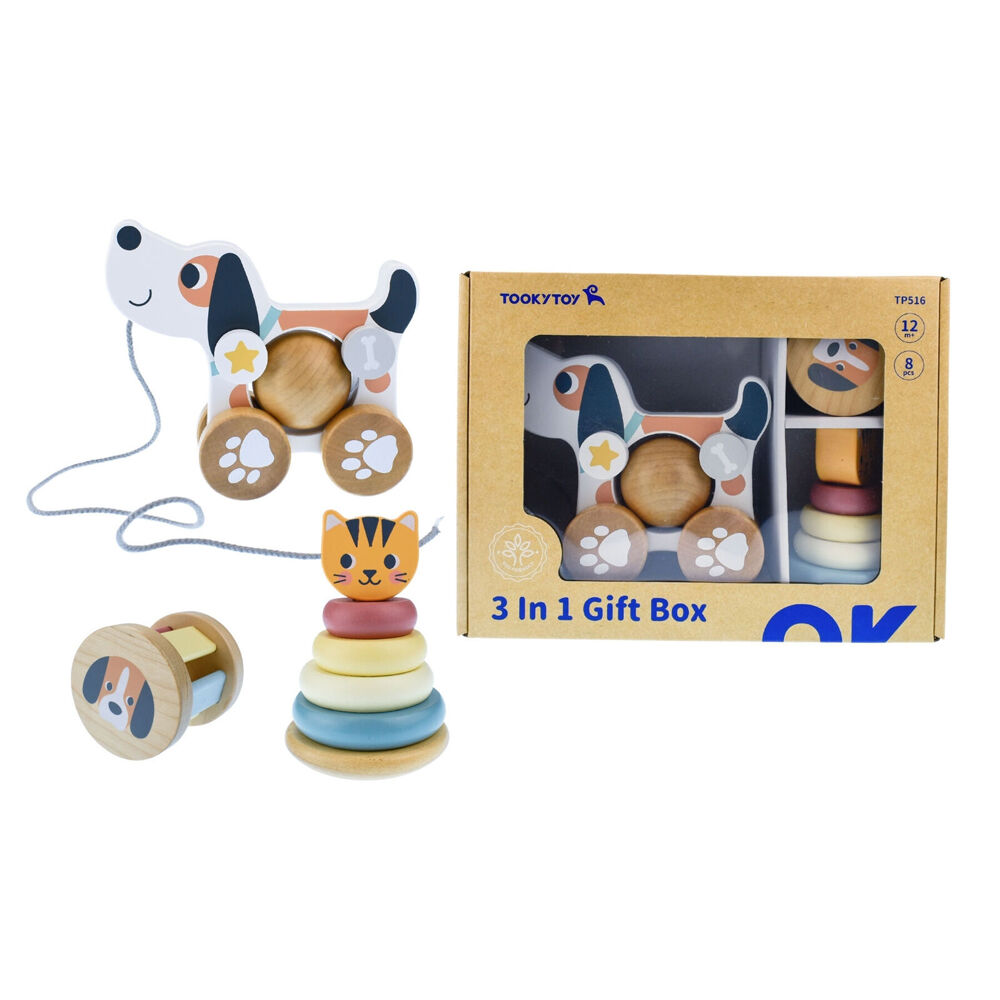 Tooky Toy 3-In-1 Baby Comforter Rattle Gift Set - Cat & Puppy Dog 12m+ (8 Pieces)