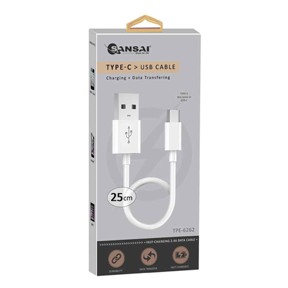 Sansai Type-C To USB-A Male Mobile/Phone Charging Data Sync Cable 25cm White