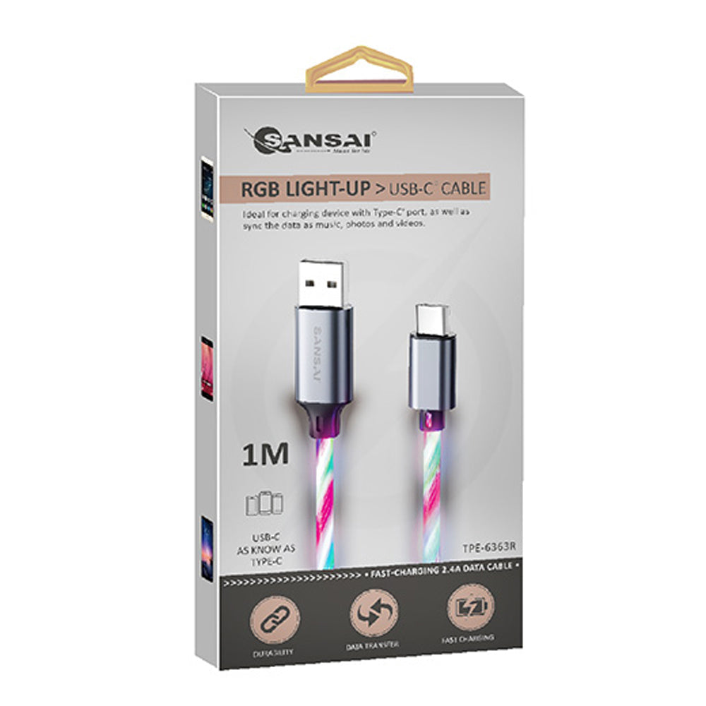 Sansai RGB Flowing Light Up USB-A Male to Male USB-C Charging/Data Cable 1m — image 2