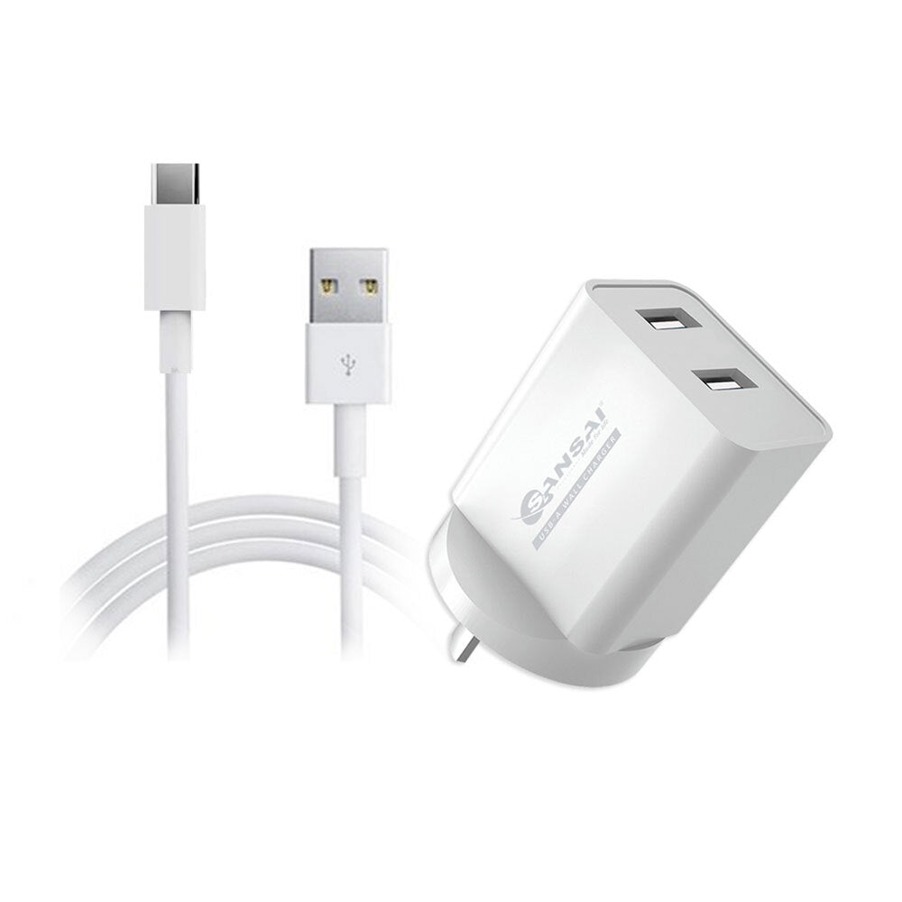 Sansai Dual USB Wall Charger w/USB C Charging Cable White