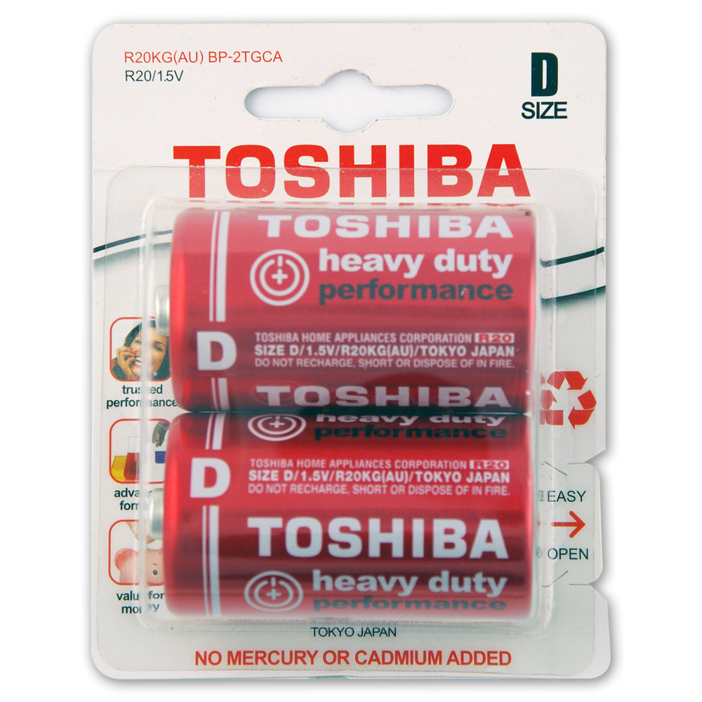 Toshiba 1.5V Heavy Duty D R20 Battery Power Cylindrical Lasting Batteries (2 Pieces)