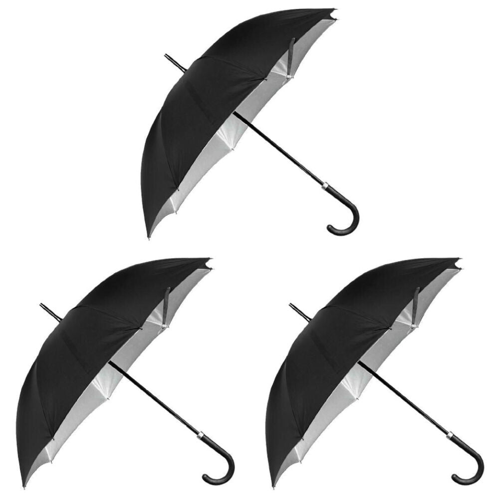 Lightweight Long Silver Lining HD Sun Rain Umbrella Black (3 Pack)