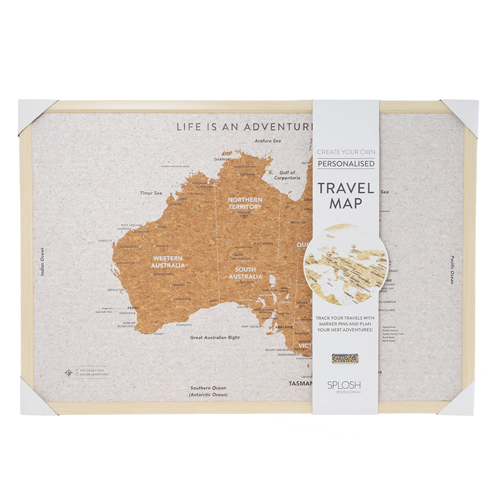 Splosh Travel 99x70cm Large Australia Map Adventure/Trip Framed Cork Board w/ Pins