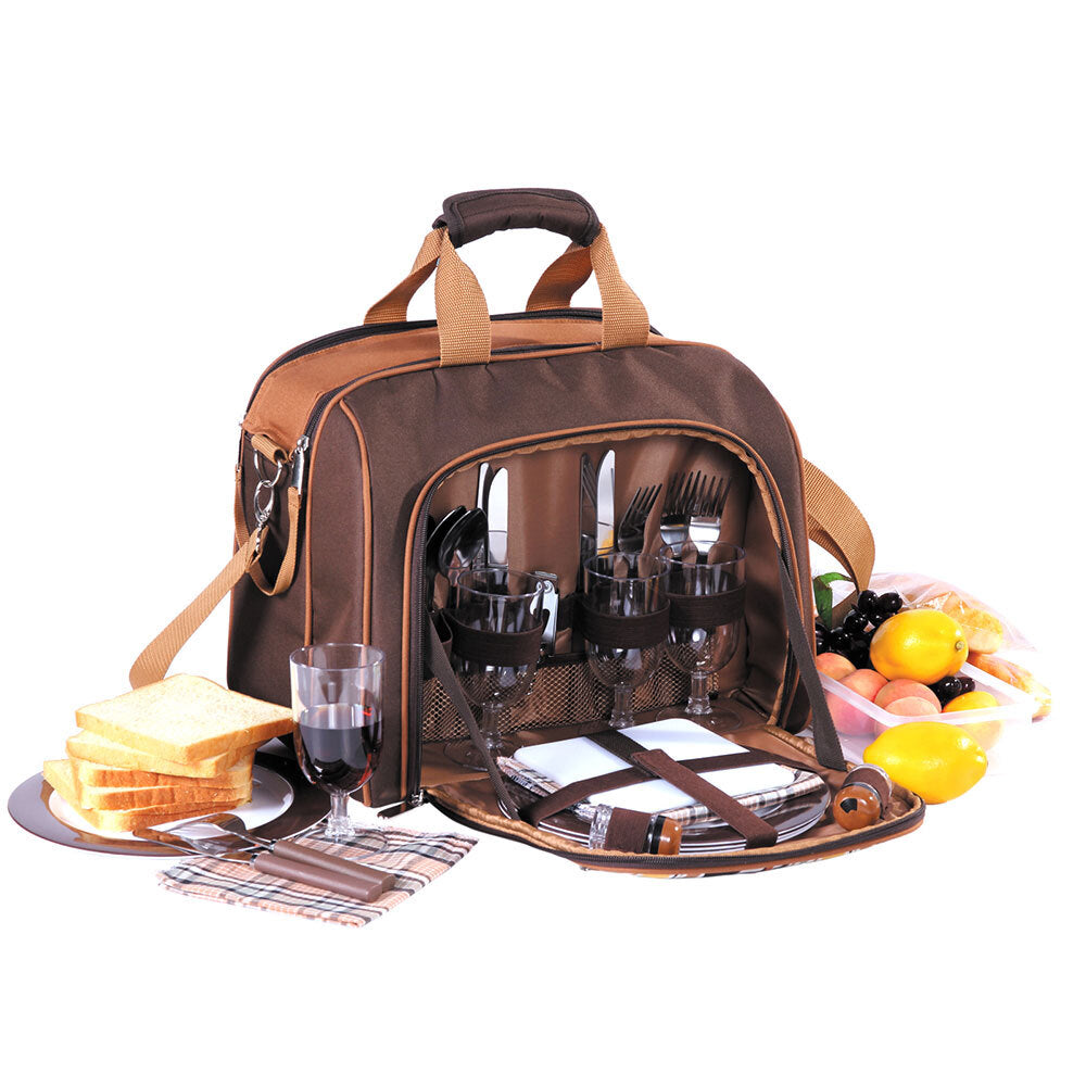 Apollo Walker 4 Person Brown Picnic Cutlery Set/Wine Glasses/Plates Shoulder Bag