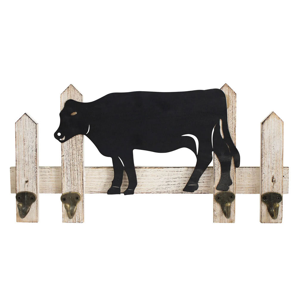 LVD Metal/Wood 41cm Wall Mounted Hanger w/ 4 Hooks Cow Home Organiser Hanging Decor — image 2