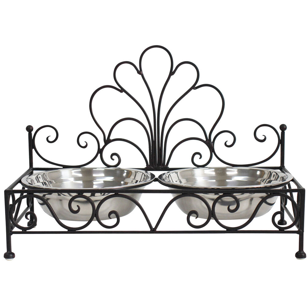 LVD 40x21x28cm Black Metal Decorative Dog Feeder w/ Stainless Steel Bowls