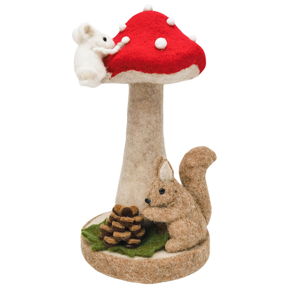 Urban 32cm Brown/Red Toadstool with Squirrel Mouse Standing Decoration