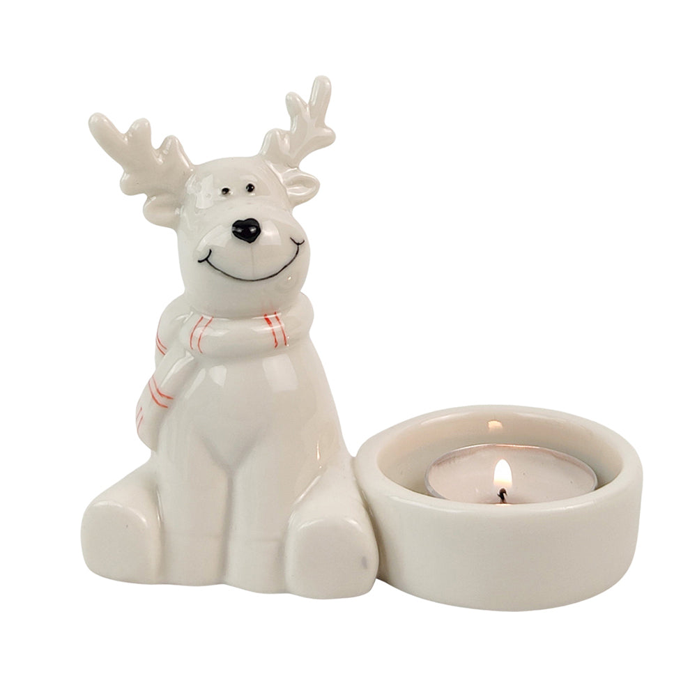 Urban Cute Reindeer 9cm Ceramic Tealight Holder Candle Christmas Home Decor WHT