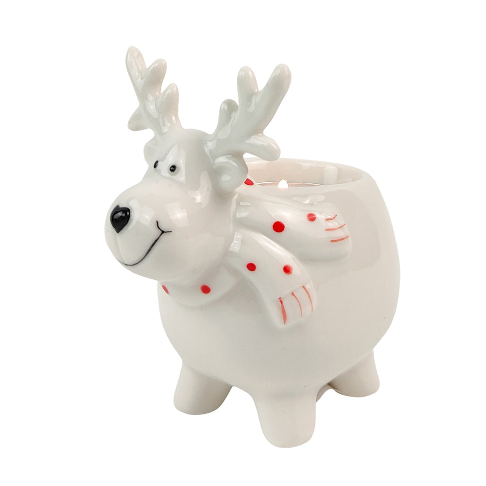 Urban Cute Reindeer 11cm Ceramic Tealight Holder Candle Christmas Home Decor WHT