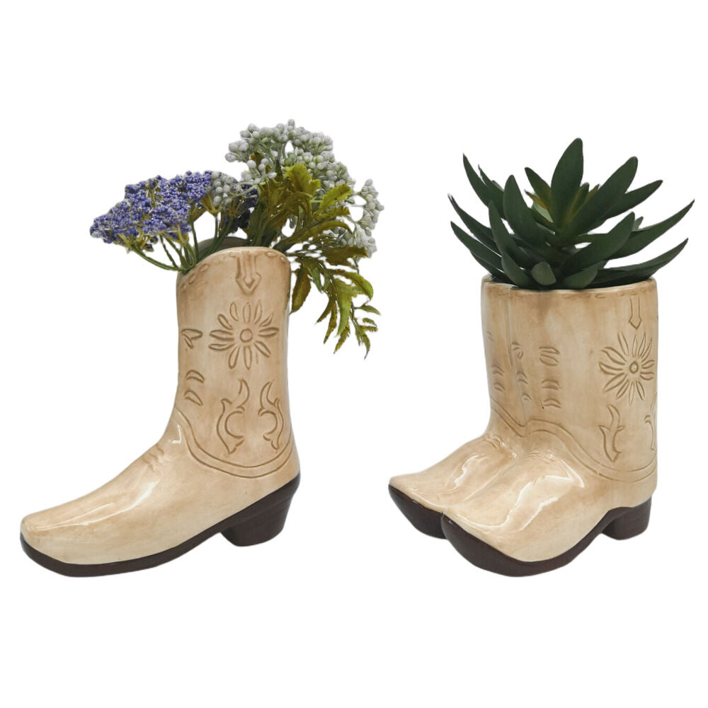 Urban 19x17cm Tan Ceramic Cowboy Boots Home Decor Flower Vase — image 2