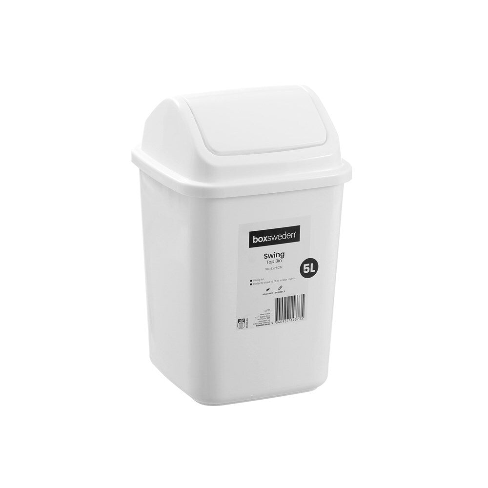 Boxsweden 5L/28cm Swing Top Bin Trash Garbage/Waste Storage Container White (4 Pack) — image 2
