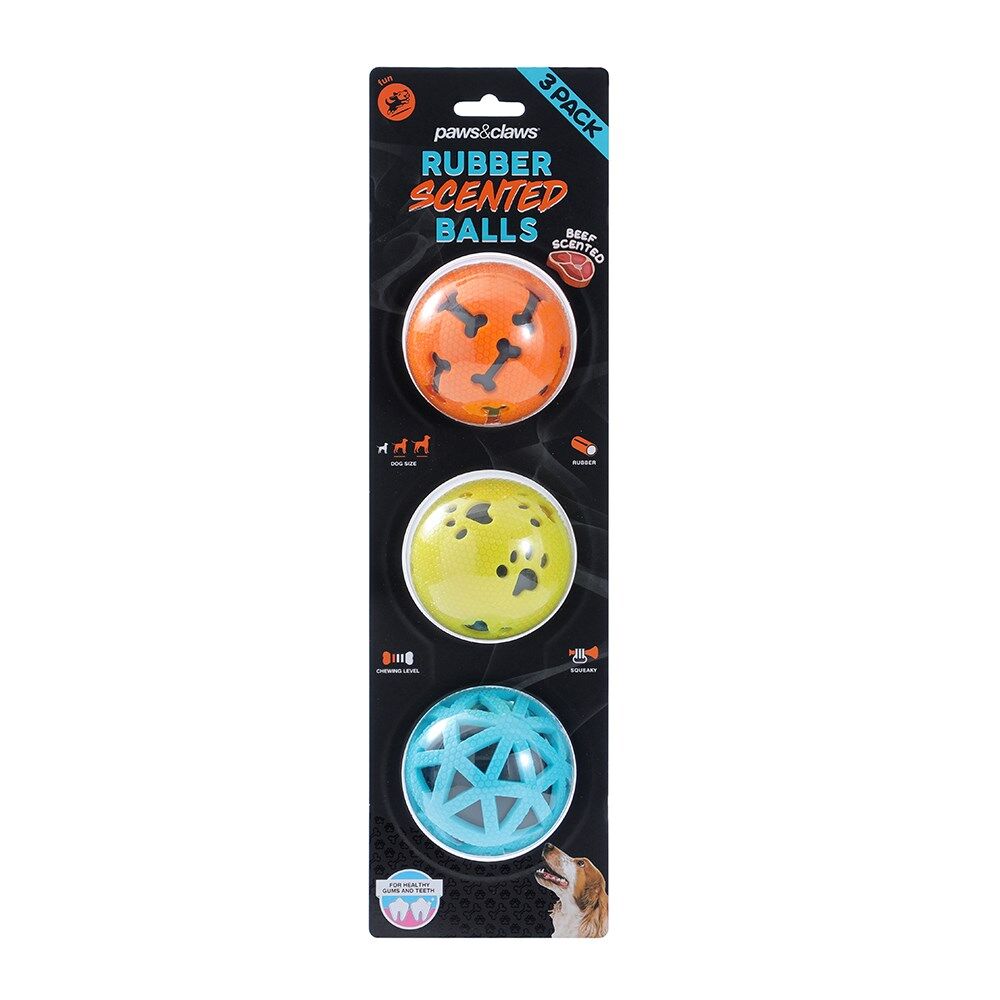 Paws and Claws TPR Rubber Scented Beef Squeaky Dog Balls 7cm Assorted (3 Pieces)