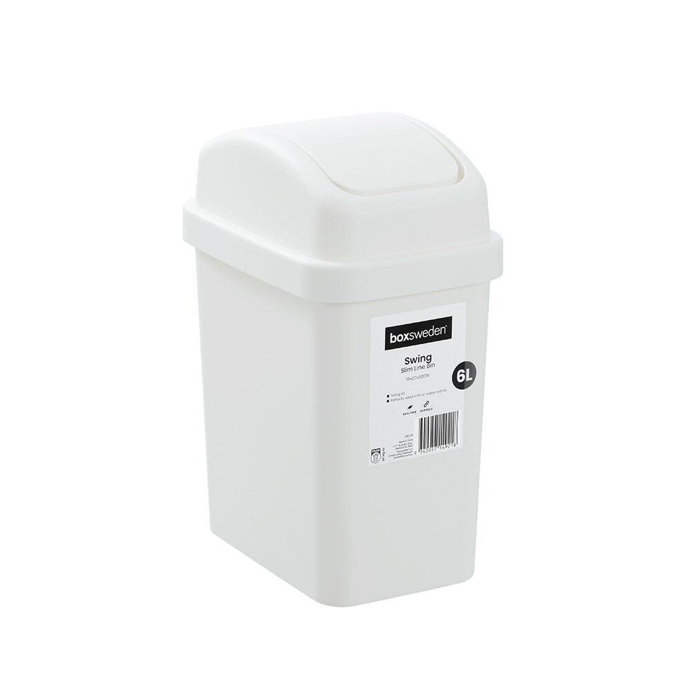 Boxsweden 6L White Durable Slim Line Rubbish Bin w/ Swing Lid