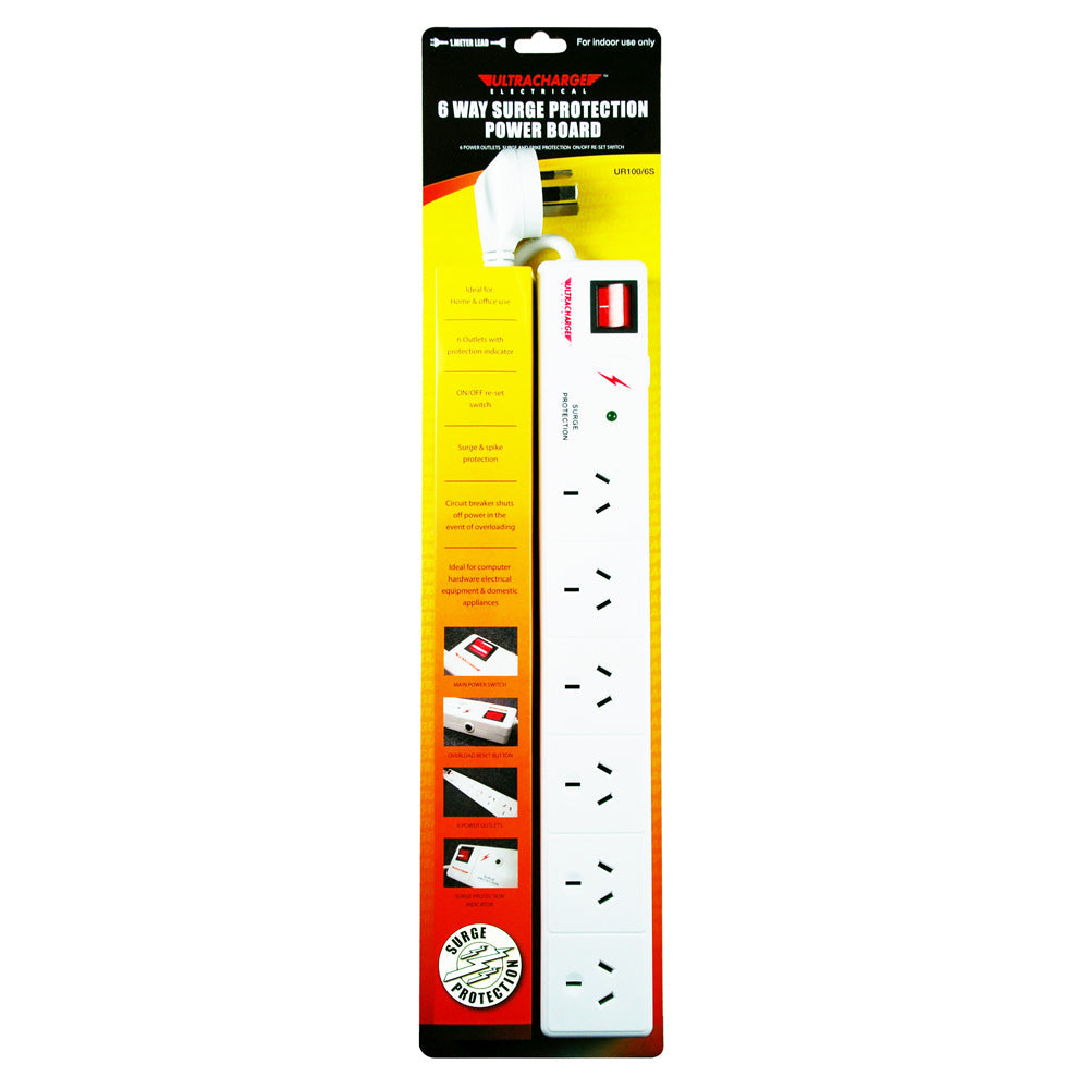 Ultracharge 6-Socket Surge Protection Power Board w Switch — White